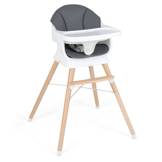DirectDeals convertible high chair white frame, grey cushion seat, wooden legs, 3-position tray on Tampa Home & Garden Store
