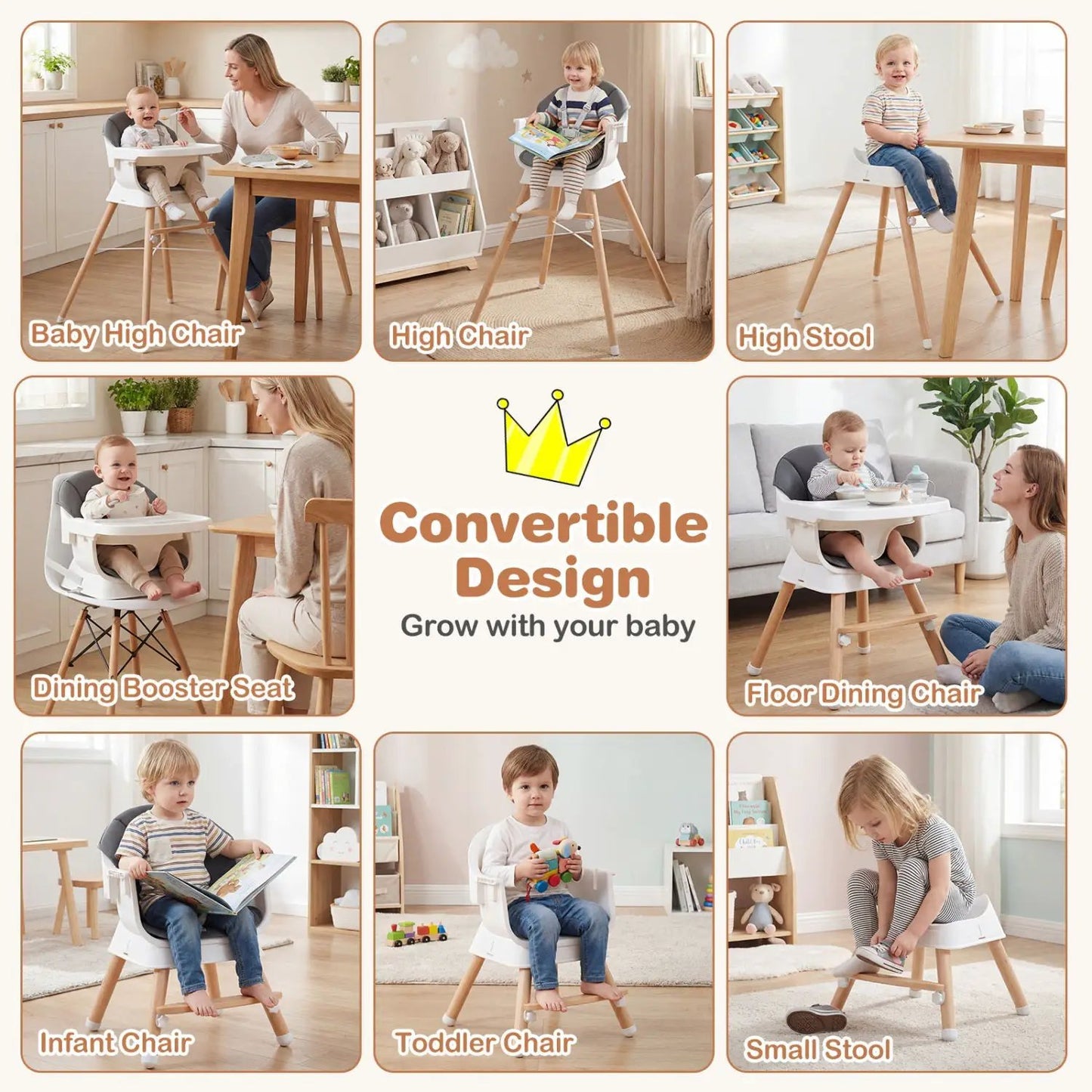 Solid Wood Convertible High Chair 3 Position Tray