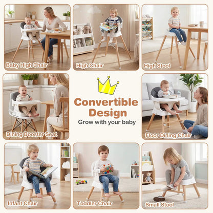 Solid Wood Convertible High Chair 3 Position Tray