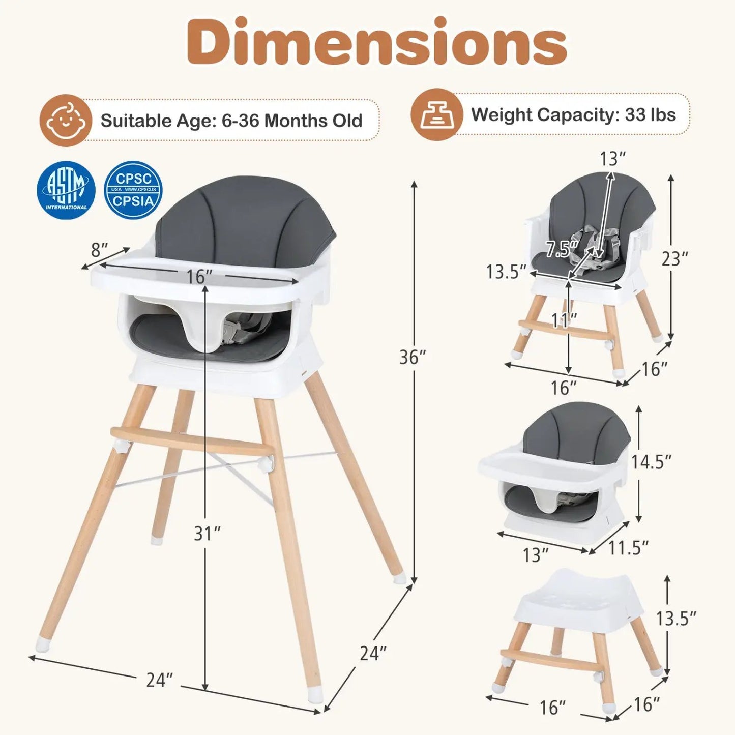 Solid Wood Convertible High Chair 3 Position Tray