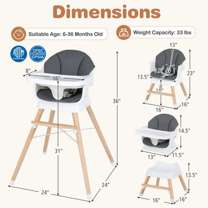 Solid Wood Convertible High Chair 3 Position Tray