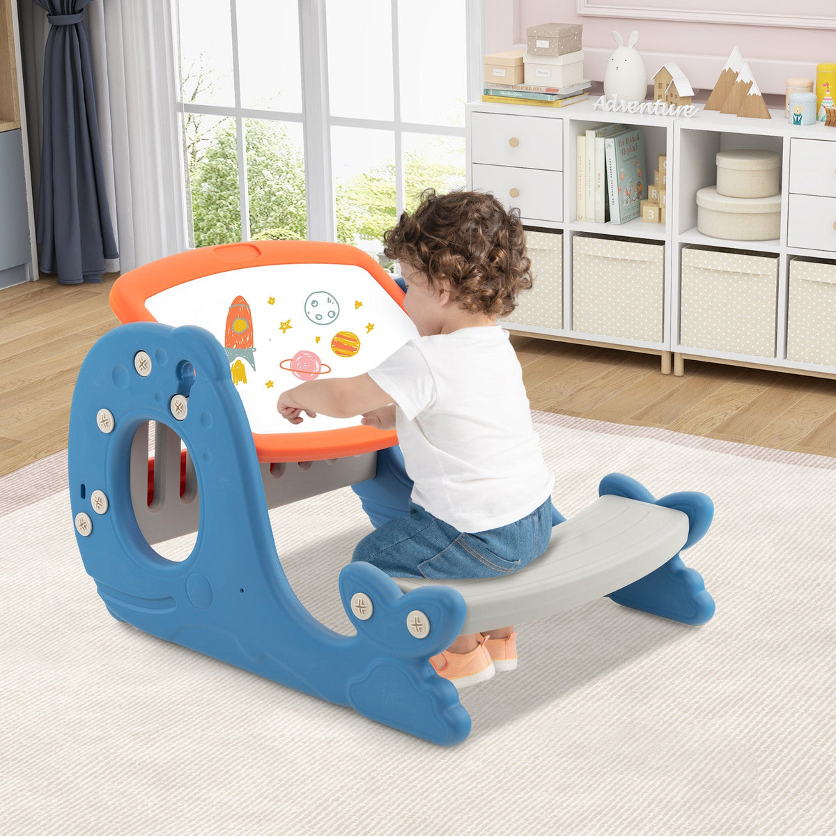 Toddler convertible easel activity table with erasable whiteboard in blue and orange on Tampa Home & Garden Store