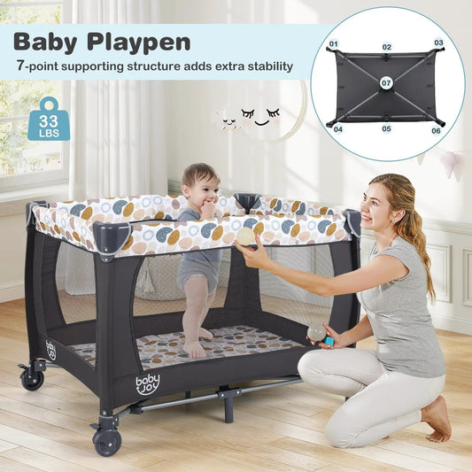Baby Joy 4-in-1 portable baby playard napper, black frame with mesh sides on Tampa Home & Garden Store