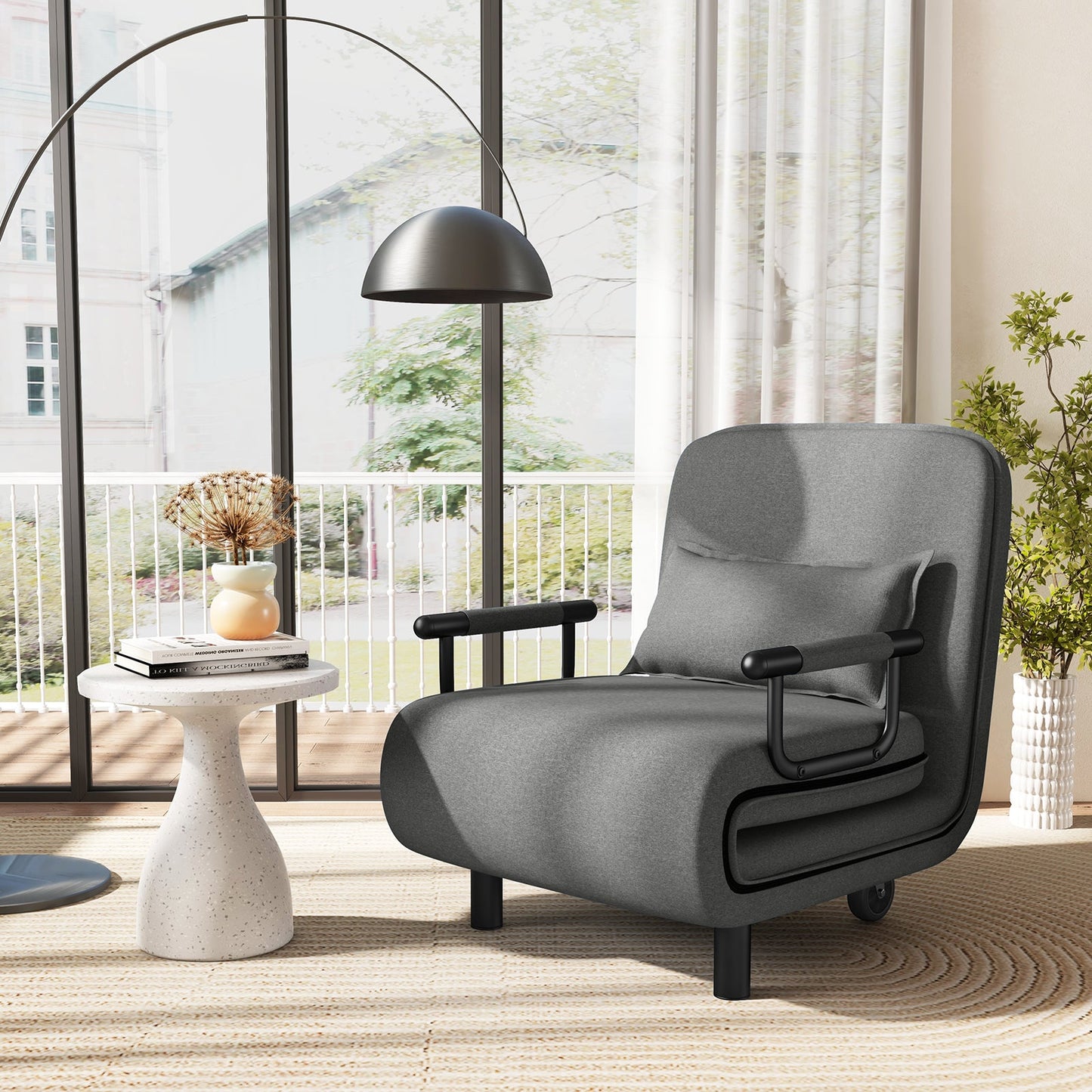 3-in-1 Convertible Sofa Bed with 5-Position Adjustable Backrest and Lumbar Pillow-Gray