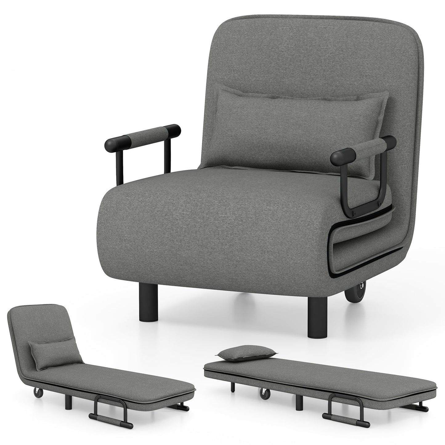 3-in-1 Convertible Sofa Bed with 5-Position Adjustable Backrest and Lumbar Pillow-Gray
