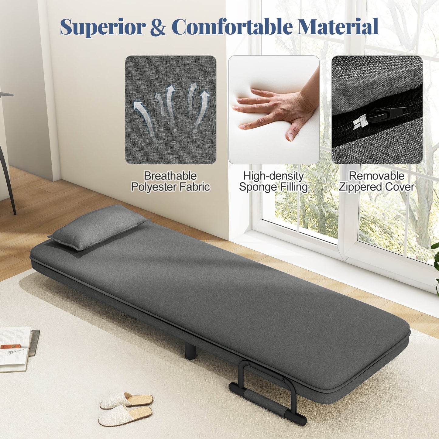 3-in-1 Convertible Sofa Bed with 5-Position Adjustable Backrest and Lumbar Pillow-Gray