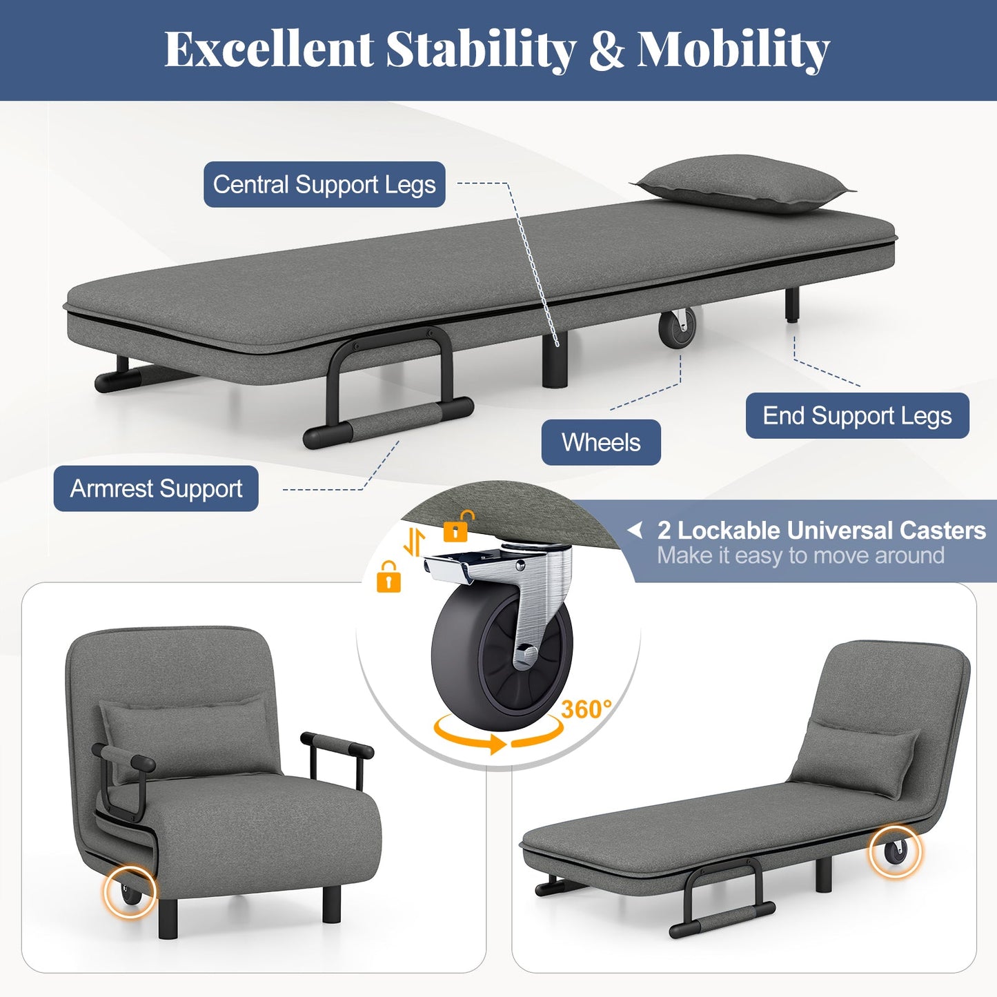 3-in-1 Convertible Sofa Bed with 5-Position Adjustable Backrest and Lumbar Pillow-Gray