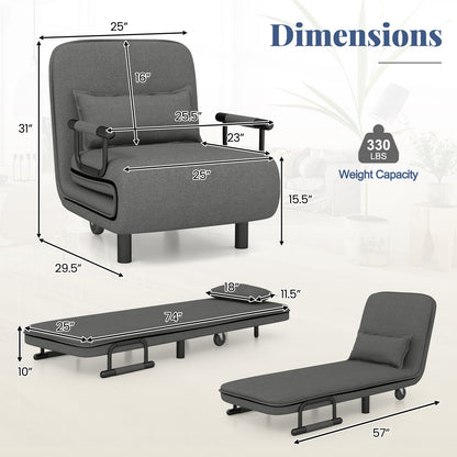 3-in-1 Convertible Sofa Bed with 5-Position Adjustable Backrest and Lumbar Pillow-Gray