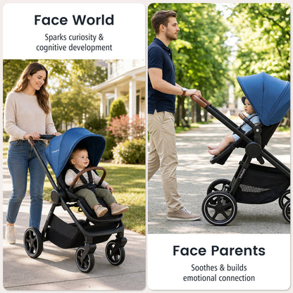 DirectDeals convertible baby stroller with car seat adapters, blue canopy on black frame on Tampa Home & Garden Store
