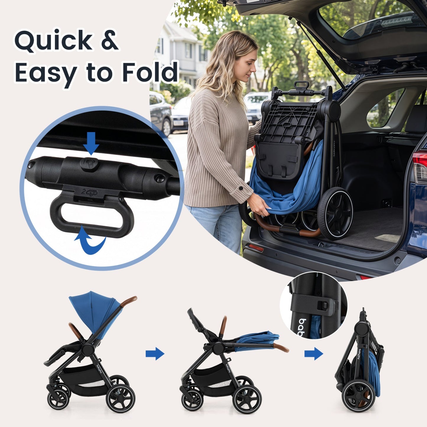 Convertible Baby Stroller with Car Seat Adapters by DirectDeals in black frame with blue fabric 3-step fold on Tampa Home & Garden Store