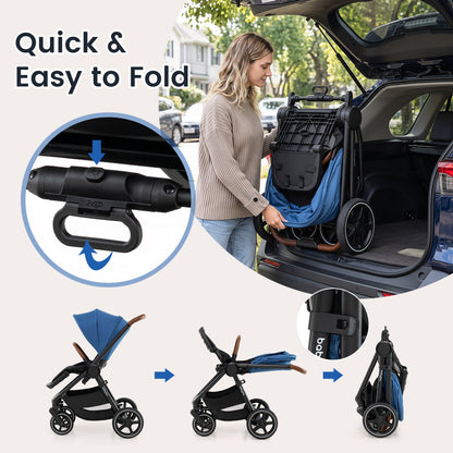 Convertible Baby Stroller with Car Seat Adapters by DirectDeals in black frame with blue fabric 3-step fold on Tampa Home & Garden Store