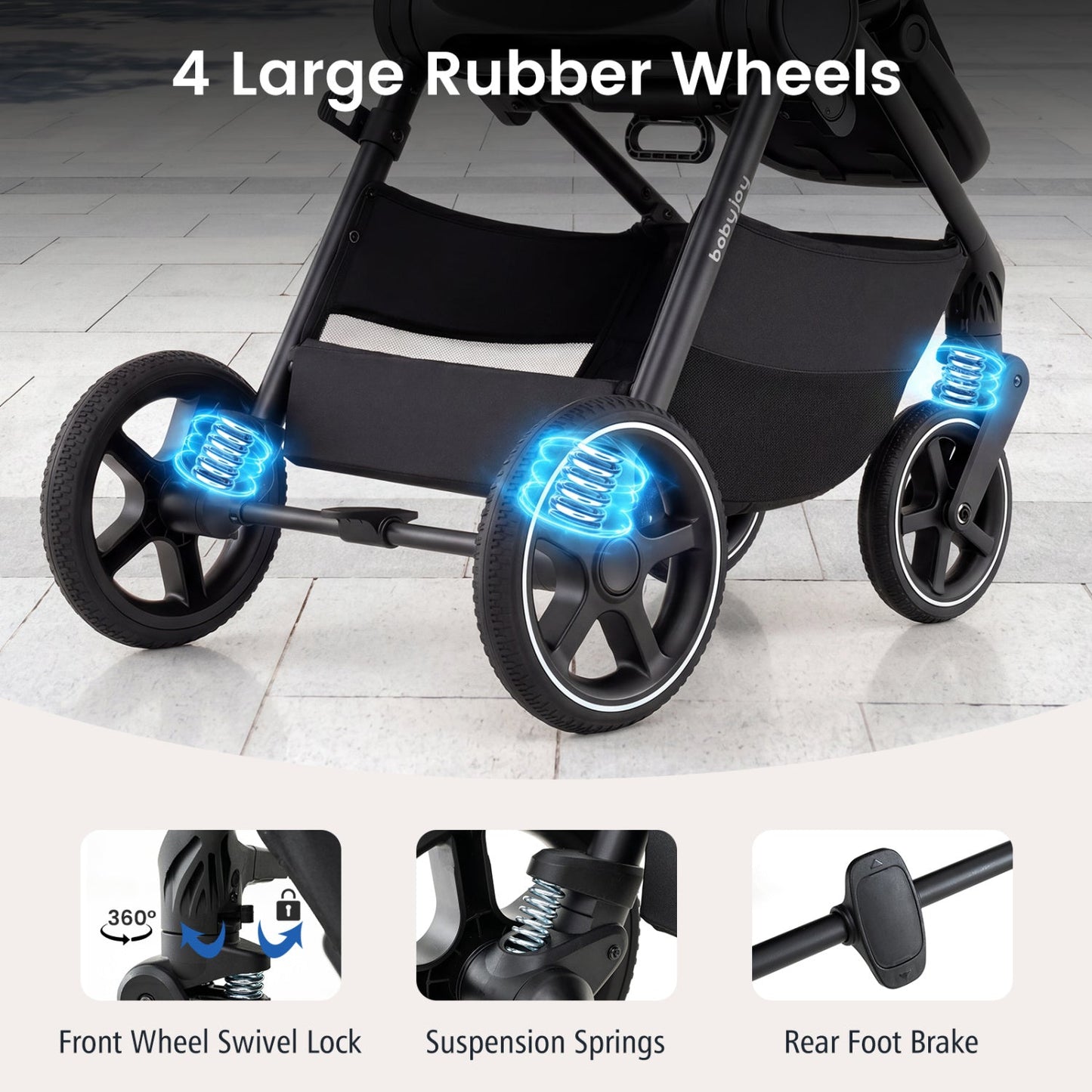 Convertible Baby Stroller with Car Seat Adapters, black frame, 4 rubber wheels with suspension on Tampa Home & Garden Store