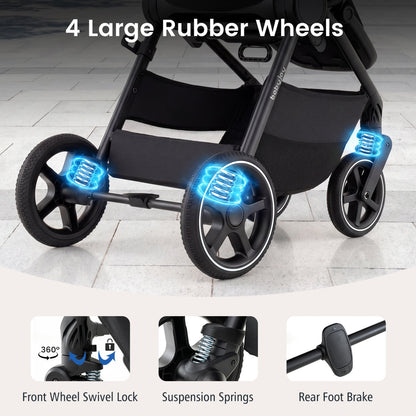 Convertible Baby Stroller with Car Seat Adapters, black frame, 4 rubber wheels with suspension on Tampa Home & Garden Store