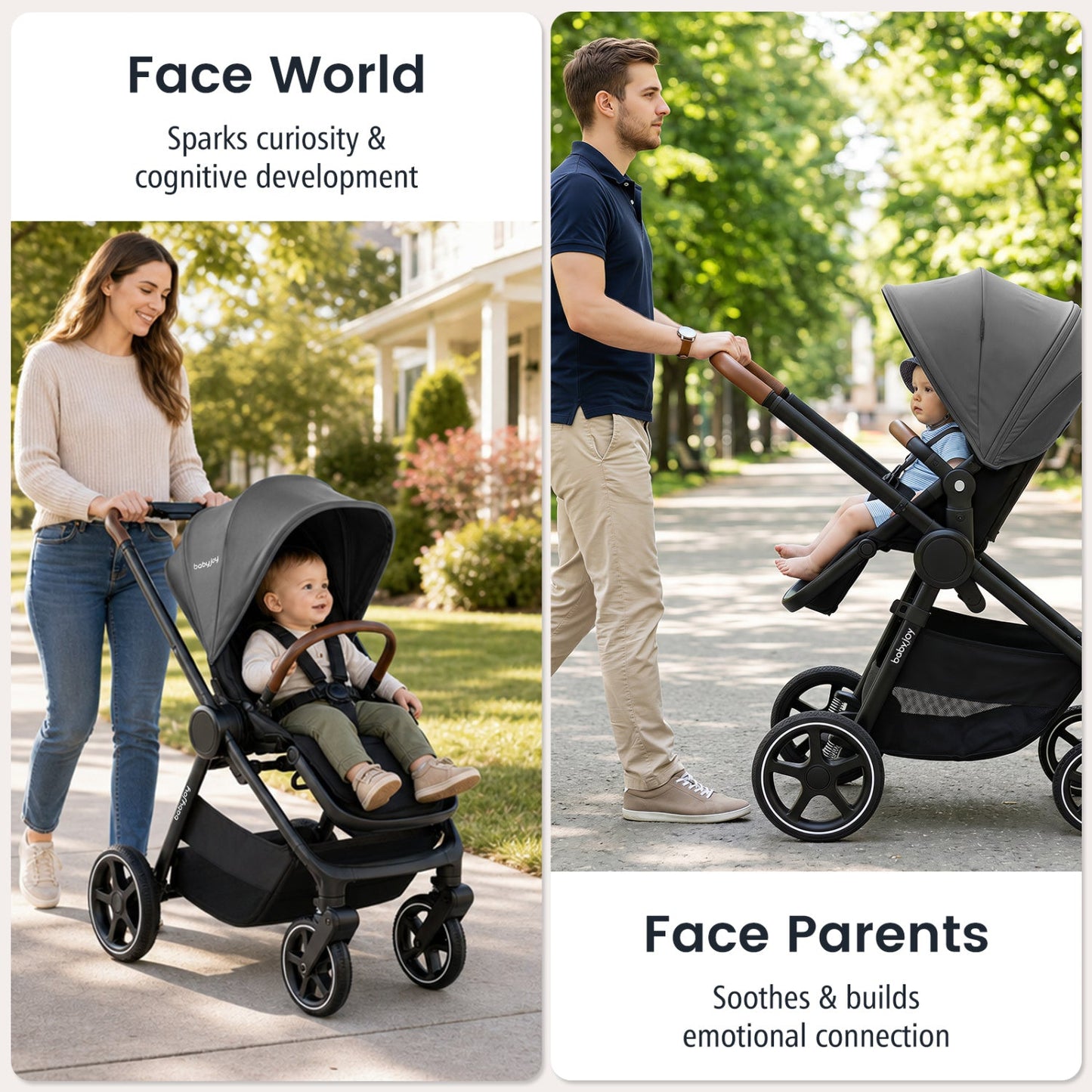 Convertible baby stroller with car seat adapters by DirectDeals in black gray, shown with parents on Tampa Home & Garden Store