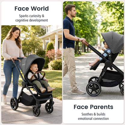 Convertible baby stroller with car seat adapters by DirectDeals in black gray, shown with parents on Tampa Home & Garden Store