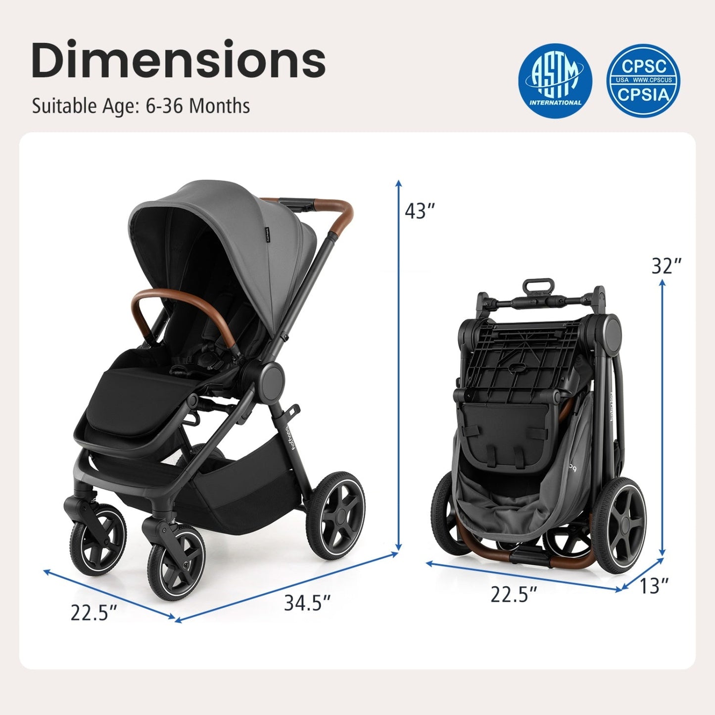 Convertible Baby Stroller with Car Seat Adapters by DirectDeals, gray with brown handle on Tampa Home & Garden Store