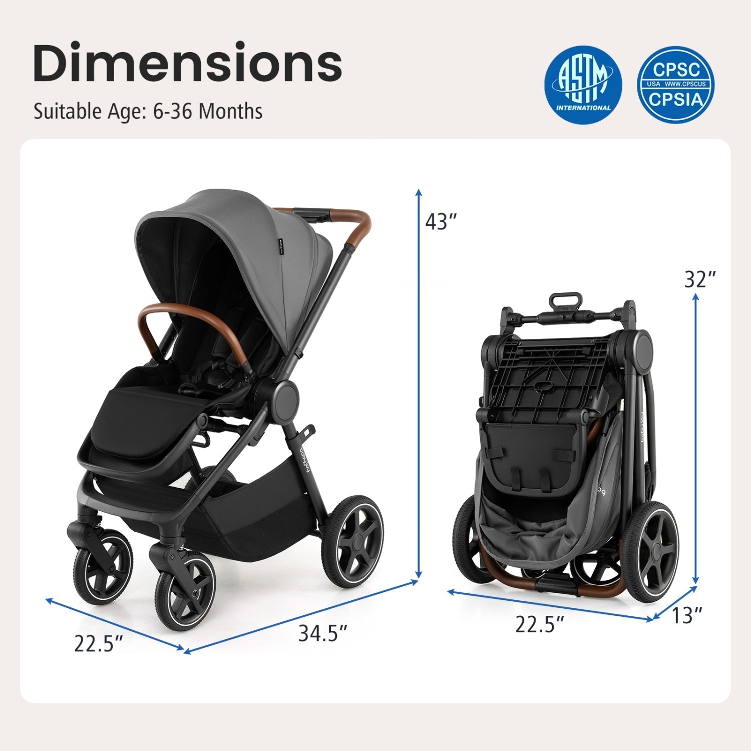 Convertible Baby Stroller with Car Seat Adapters by DirectDeals, gray with brown handle on Tampa Home & Garden Store