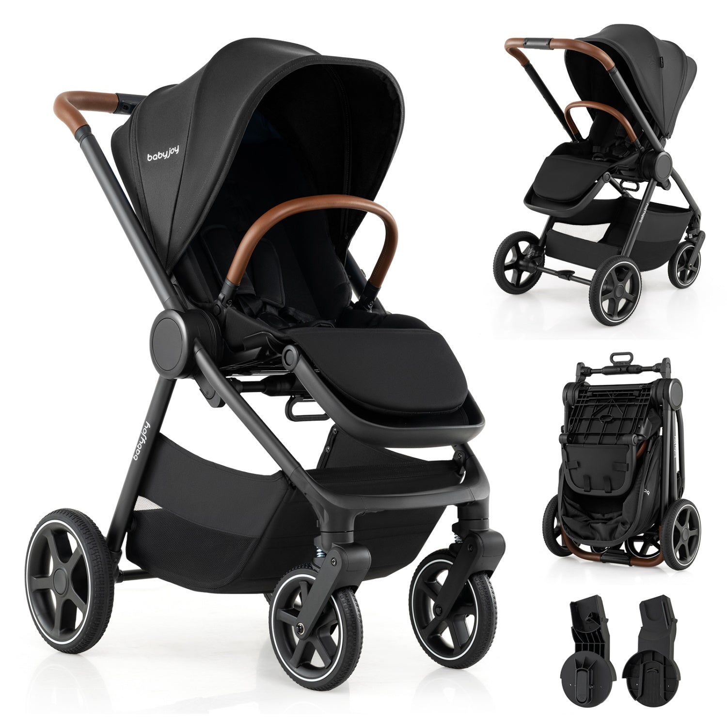 Convertible baby stroller with car seat adapters in black with brown faux leather handle on Tampa Home & Garden Store