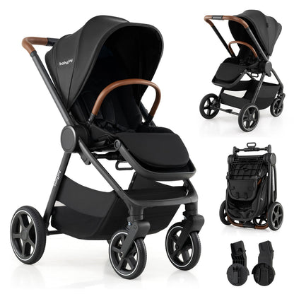 Convertible baby stroller with car seat adapters in black with brown faux leather handle on Tampa Home & Garden Store