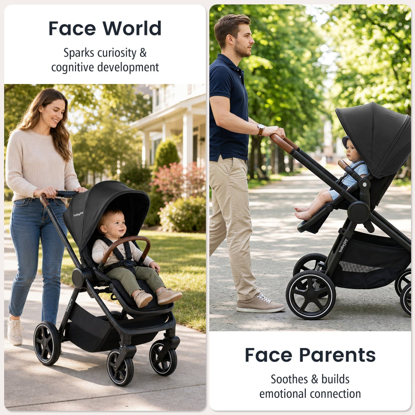 Convertible Baby Stroller with Car Seat Adapters by DirectDeals, black frame, 2 strollers shown on Tampa Home & Garden Store