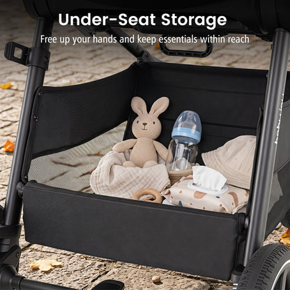 Convertible Baby Stroller in black with under-seat storage holding plush bunny and bottle on Tampa Home & Garden Store