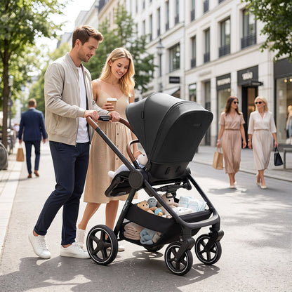 DirectDeals Convertible Baby Stroller with Car Seat Adapters in black couple push street on Tampa Home & Garden Store