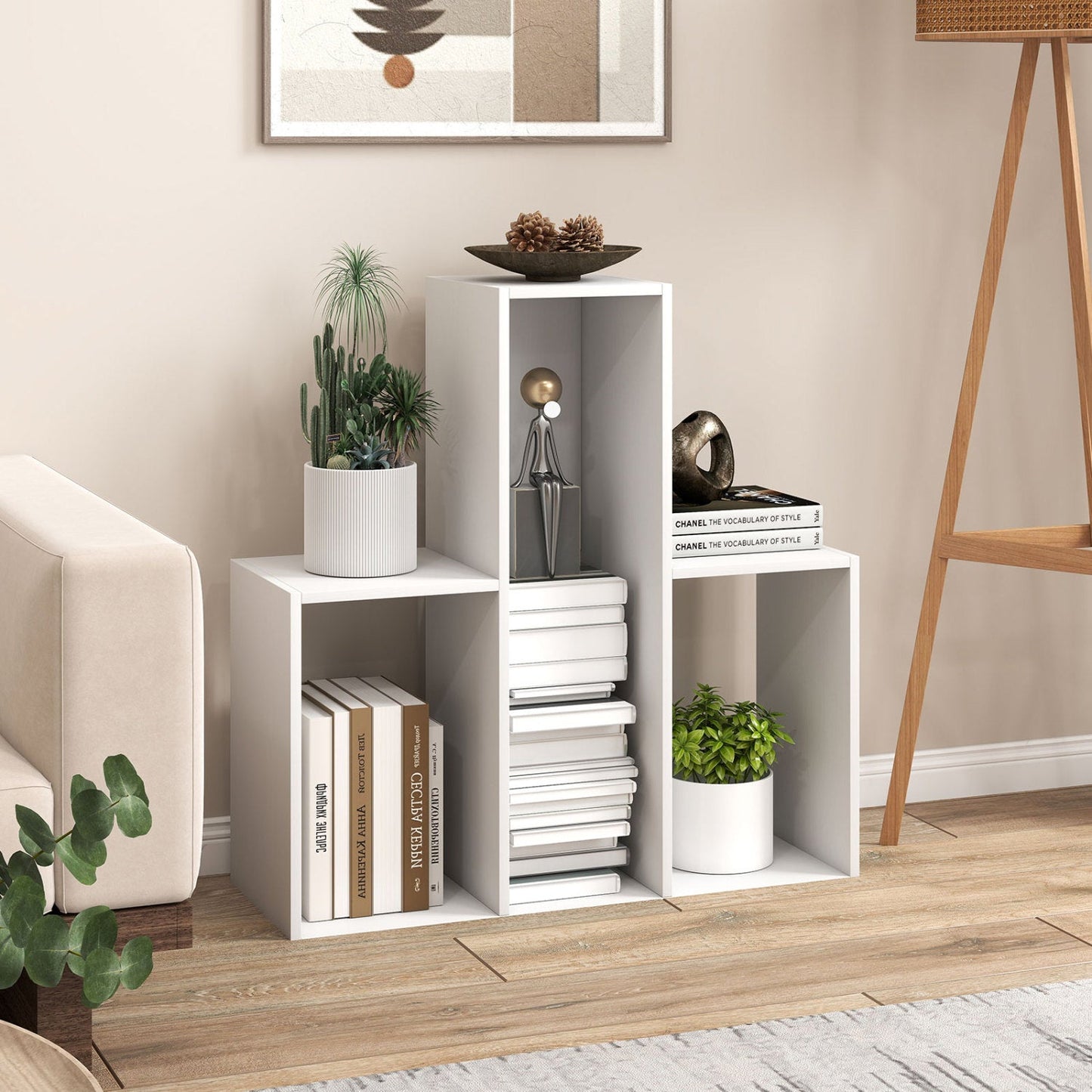 Convex Bookshelf with 3 open shelves and anti-tip device, white finish, modern bookcase on Tampa Home & Garden Store