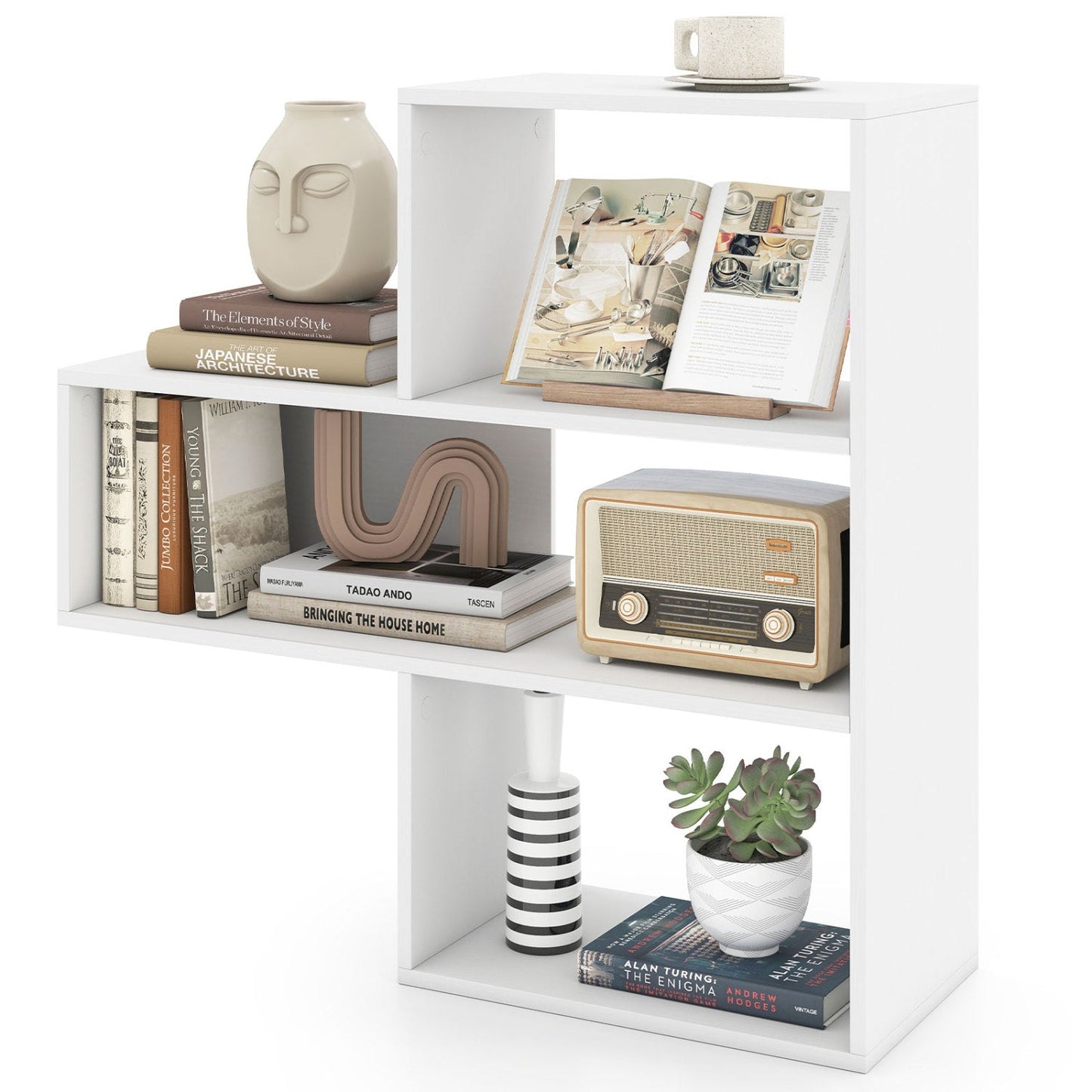 Convex bookshelf white with 3 open shelves and anti-tip device, styled with books on Tampa Home & Garden Store