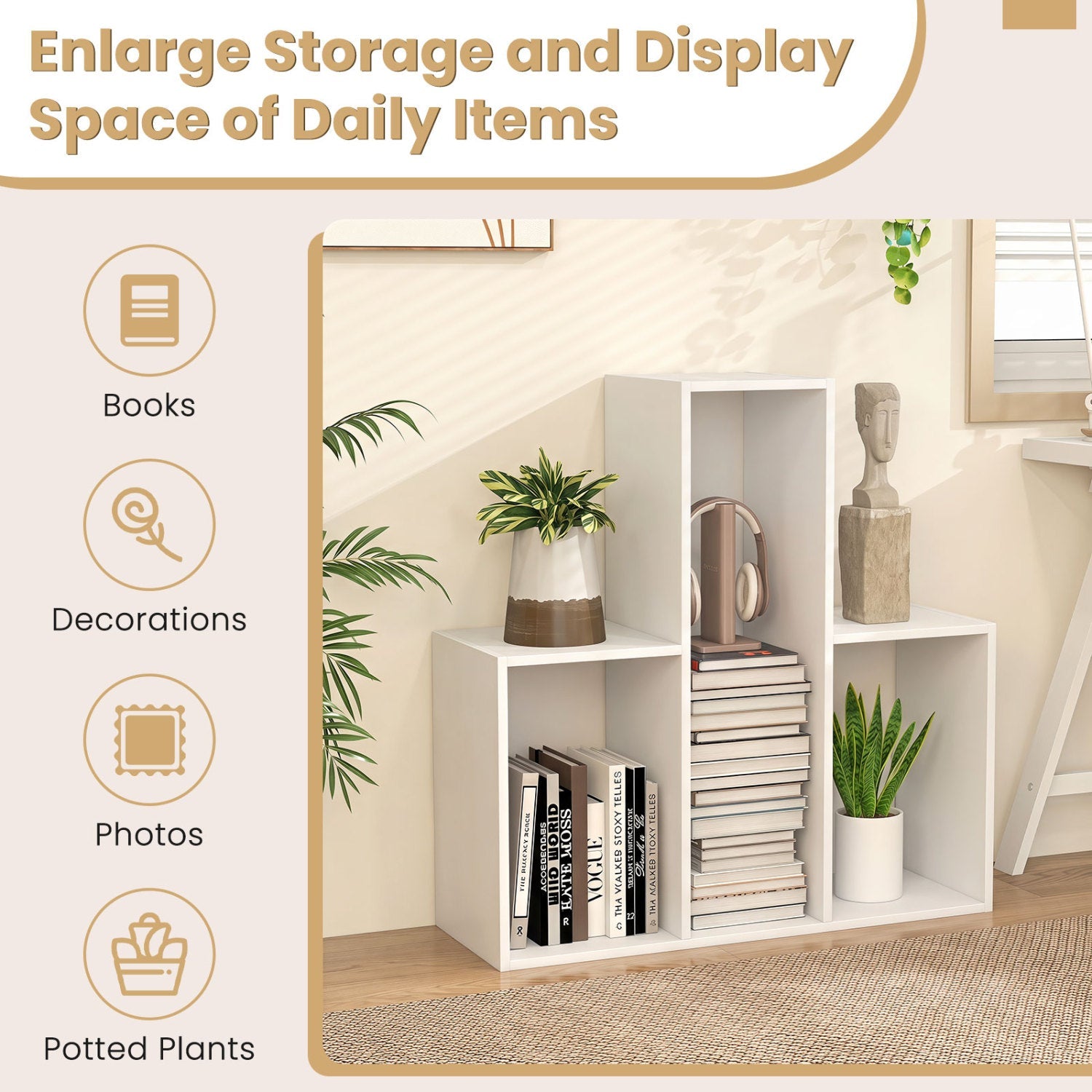 Convex Bookshelf with 3 open shelves in white by DirectDeals, anti-tip device for stability on Tampa Home & Garden Store