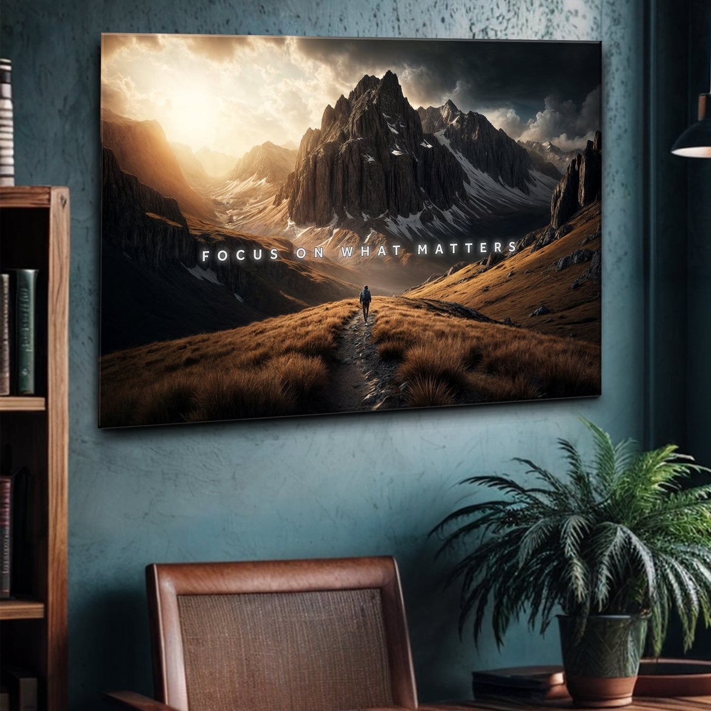 Ascend cool wall art canvas featuring a sunlit mountain landscape with a lone hiker on Tampa Home & Garden Store