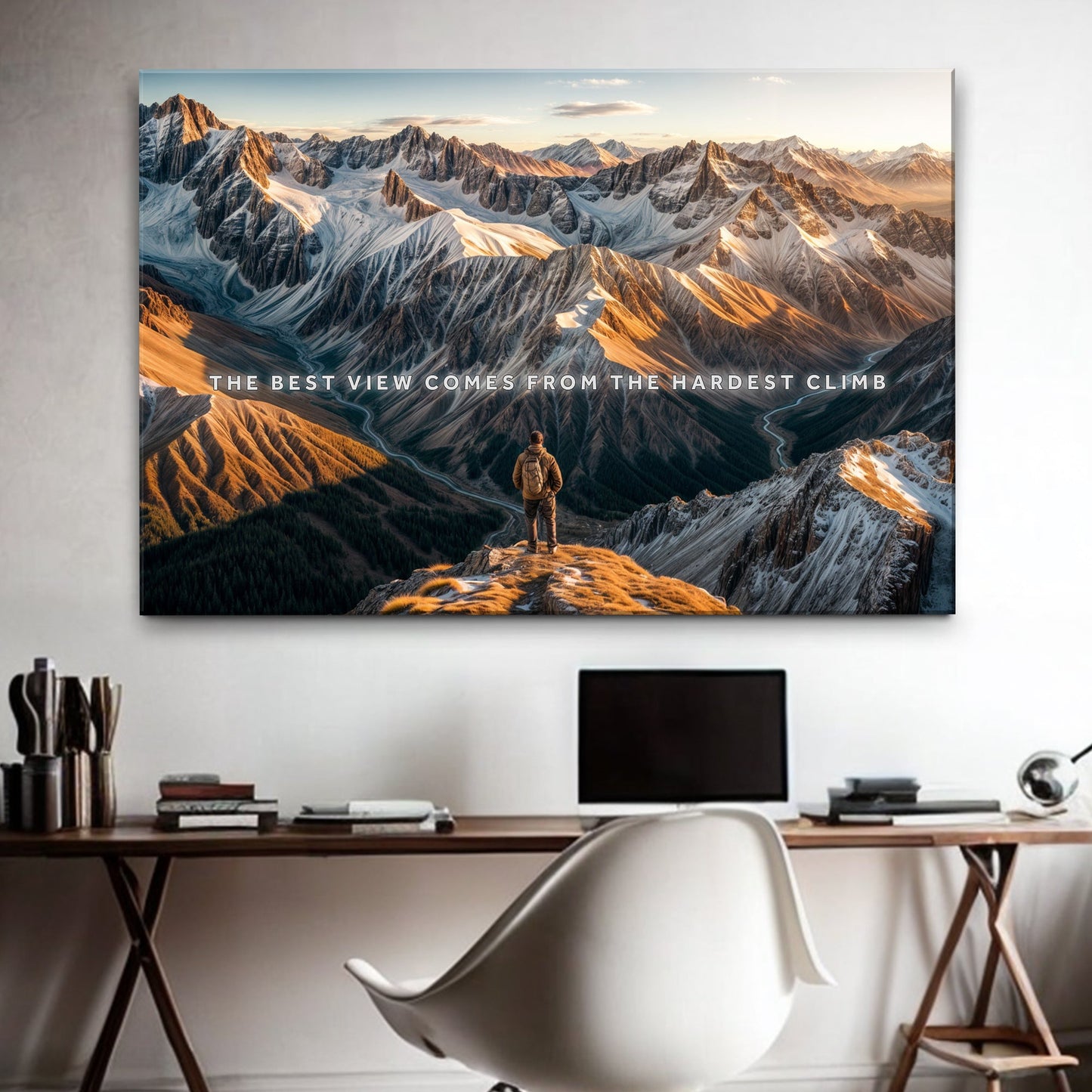 Canvas Summit - Cool Wall Art by Tailored Canvases with snow mountains at sunrise and a hiker on Tampa Home & Garden Store