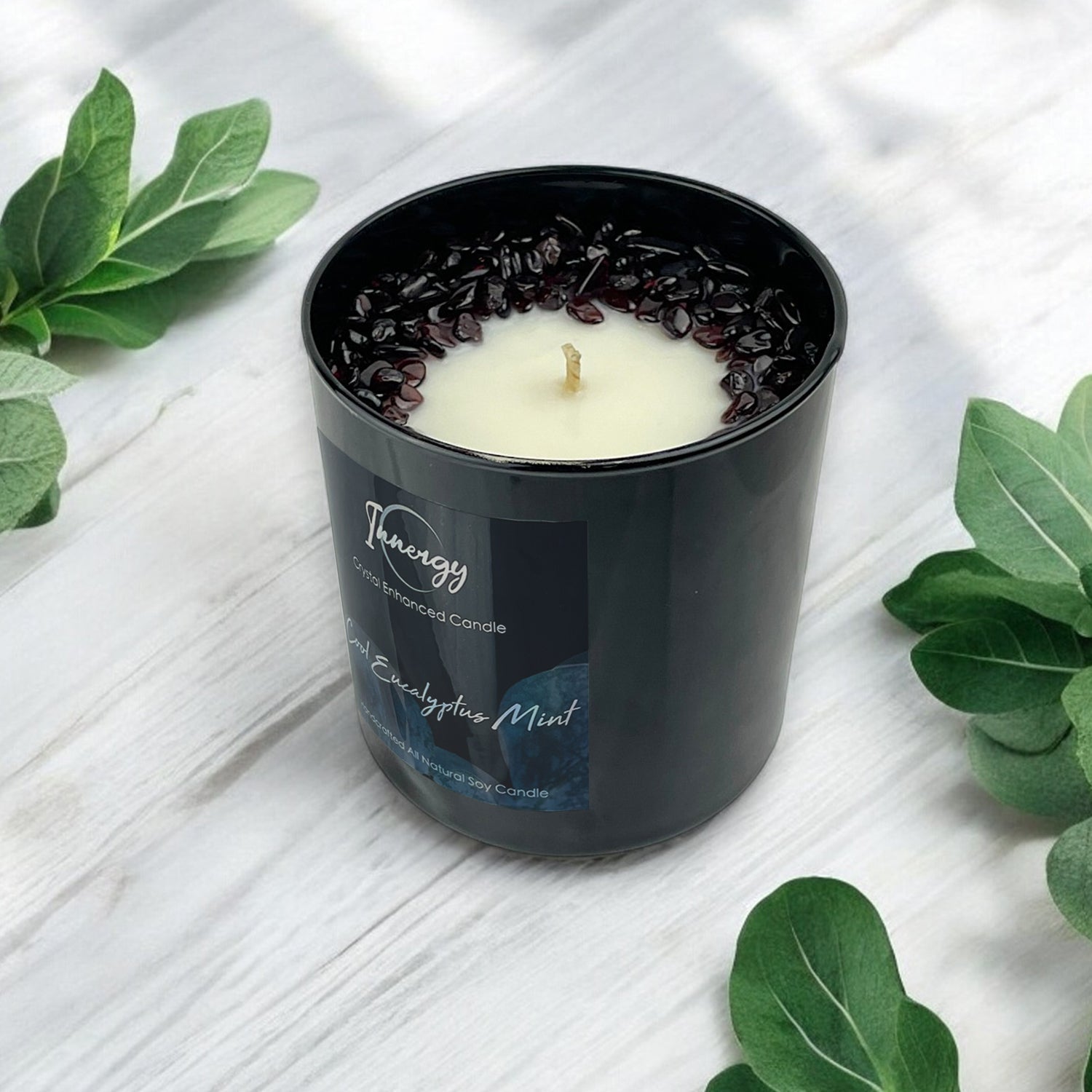 Cool Eucalyptus Mint Crystal Candle with Garnet | Coconut-Soy Wax Candle, 9oz - Tampa Home & Garden Store