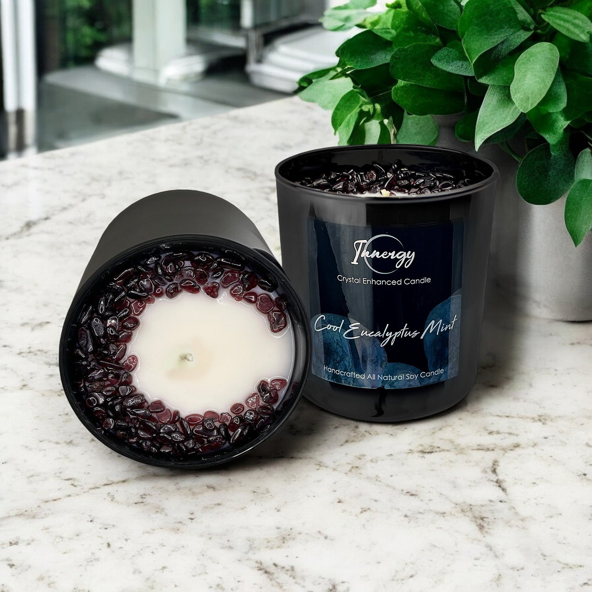 Cool Eucalyptus Mint Crystal Candle with Garnet | Coconut-Soy Wax Candle, 9oz - Tampa Home & Garden Store