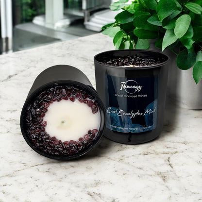 Cool Eucalyptus Mint Crystal Candle with Garnet | Coconut-Soy Wax Candle, 9oz - Tampa Home & Garden Store