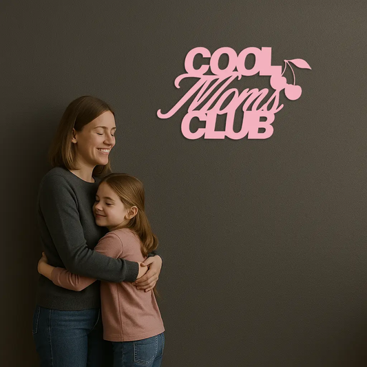 Cool Moms Club typography metal wall art with pink cherry accent on Tampa Home & Garden Store