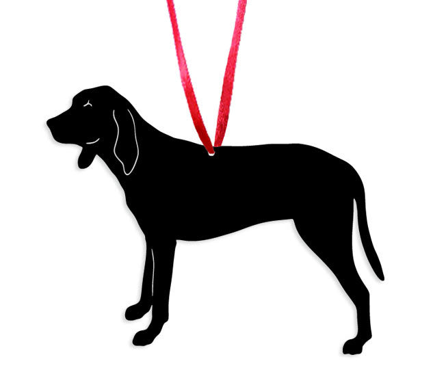 Coonhound plant stake silhouette in black with red hanger on Tampa Home & Garden Store