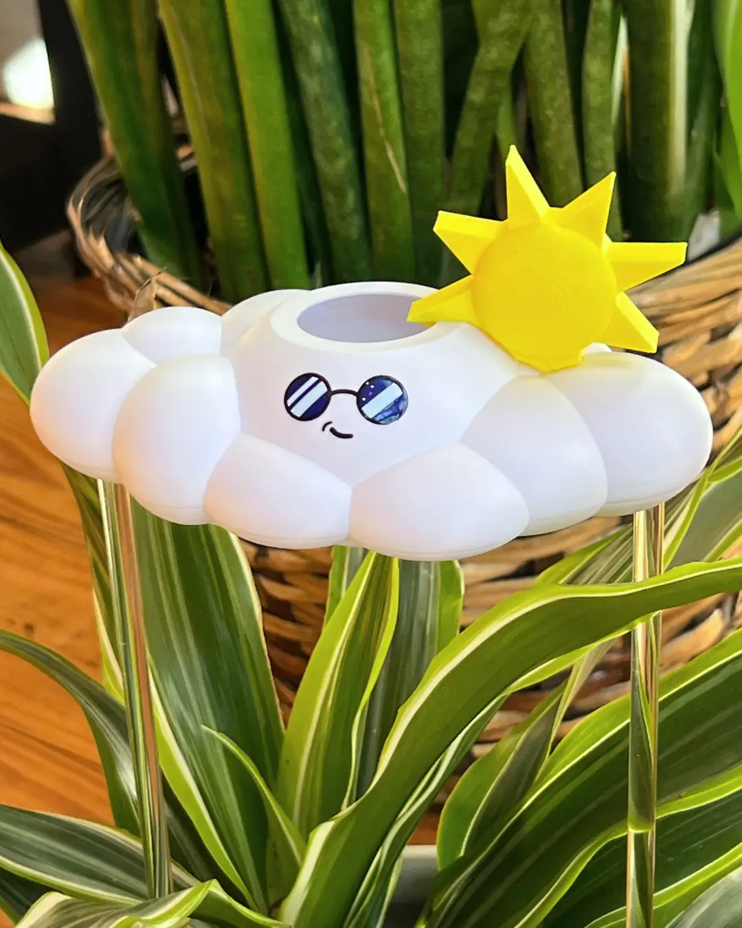 Cooper the Cloud watering can accessory, white cloud with a yellow sun, sunglasses motif on Tampa Home & Garden Store