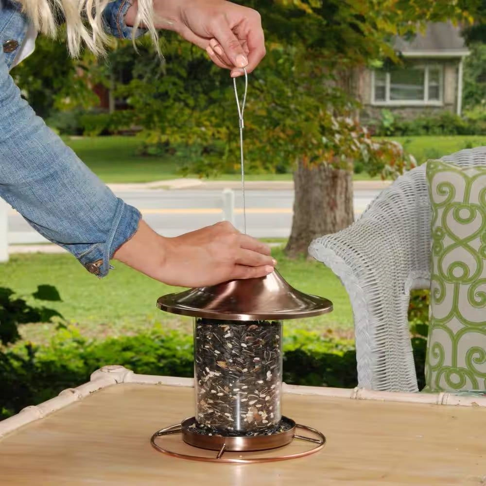 Copper Bird Feeder with Plastic Seed Reservoir Tube and Circular Perch - Tampa Home & Garden Store