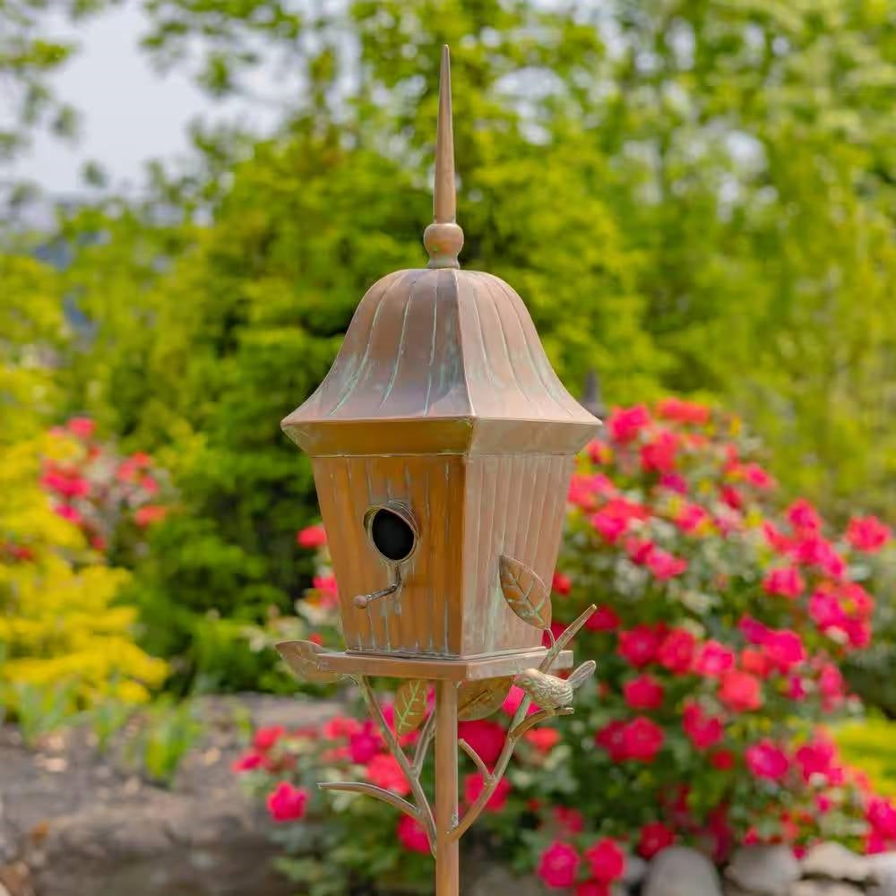 Copper Finish Metal Garden Birdhouse with Stake and Pole - Tampa Home & Garden Store
