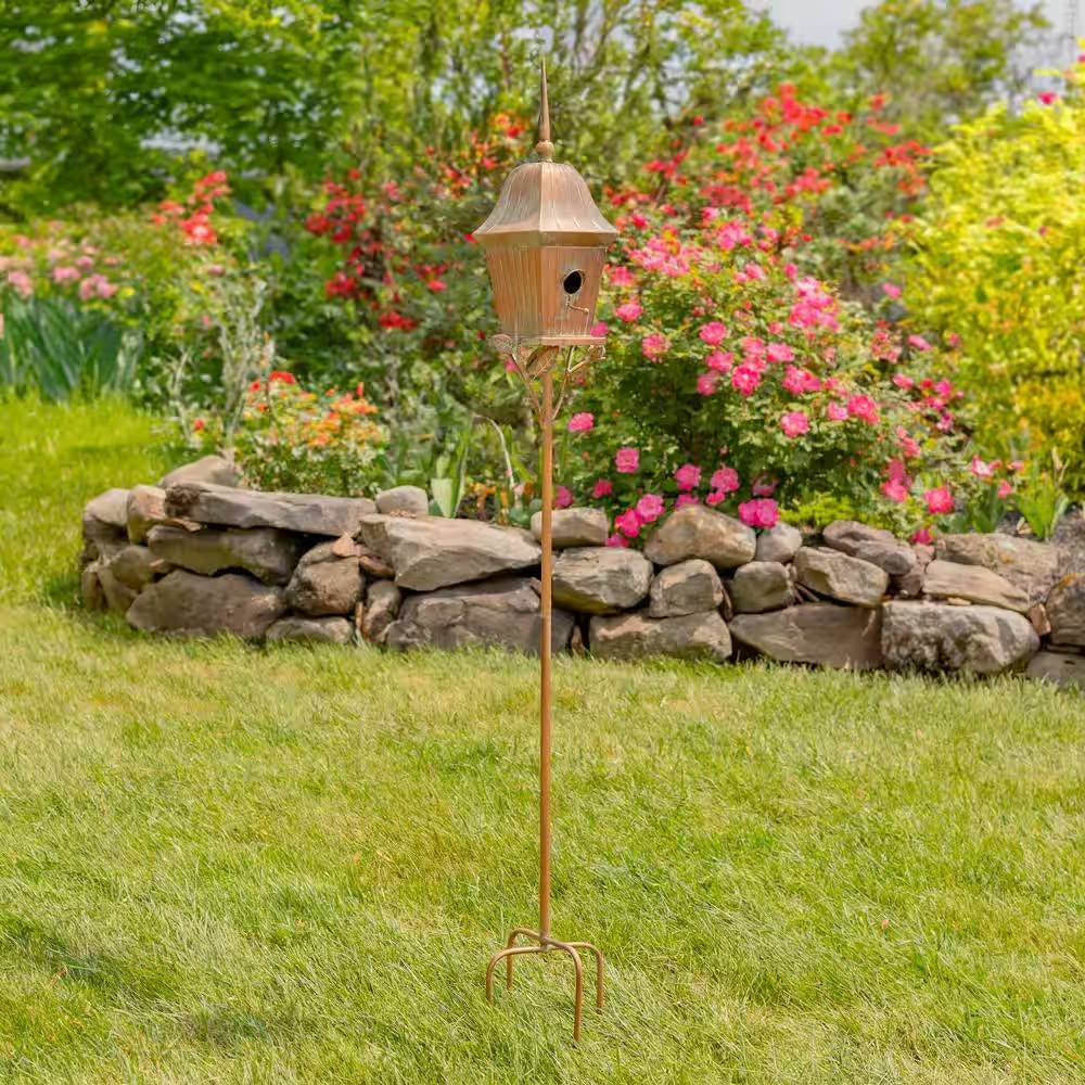 Copper Finish Metal Garden Birdhouse with Stake and Pole - Tampa Home & Garden Store