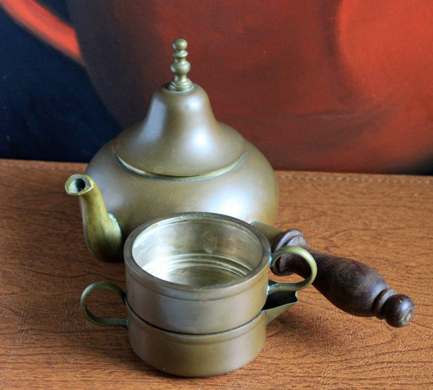 Copper Turkish Coffee Maker with Wooden Handle , Creamer , and a Cup. Gorgeous Cezve or Ibrik or Finjan. Unique Antique Beautiful Set. - Tampa Home & Garden Store