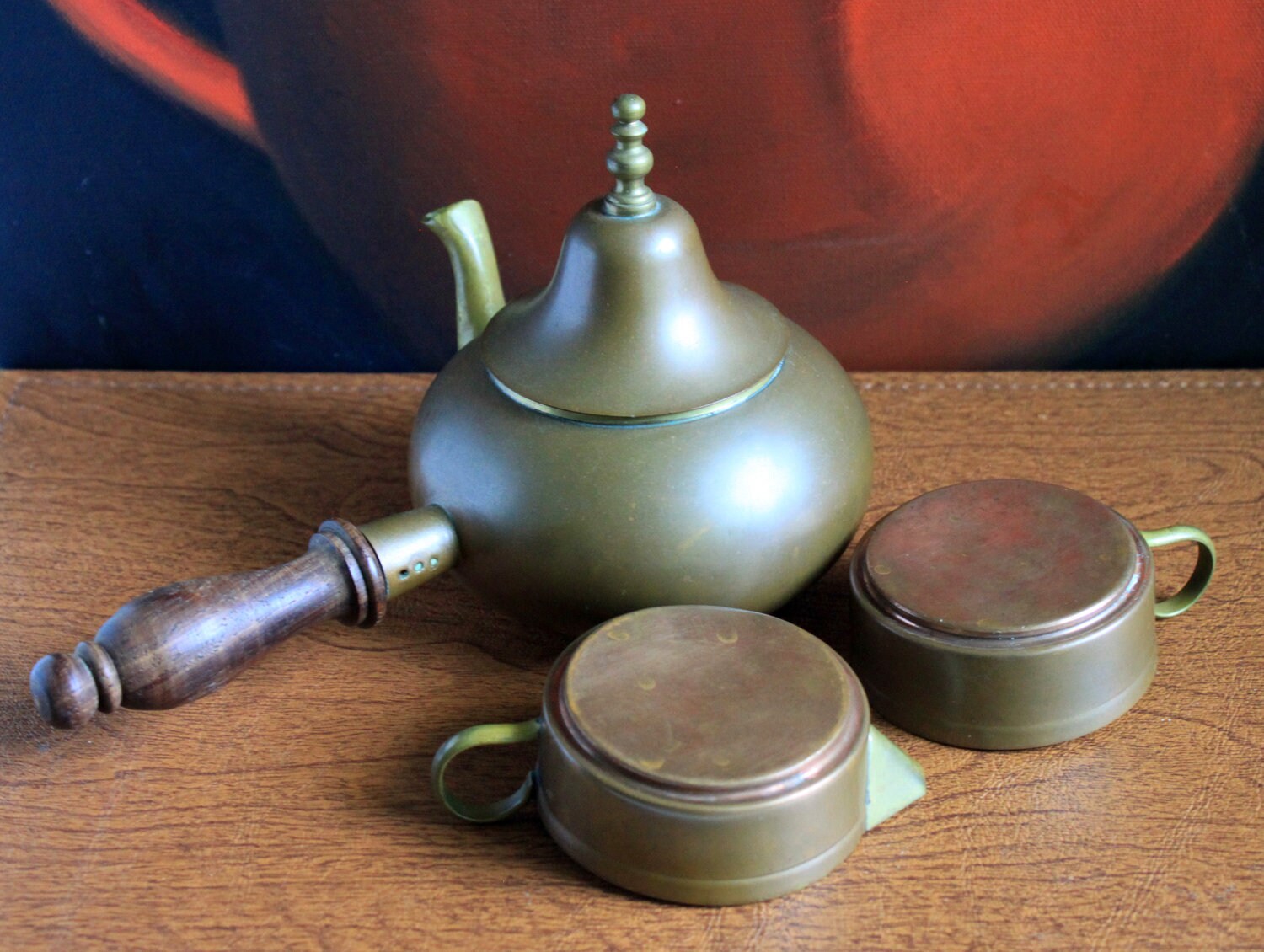 Copper Turkish Coffee Maker with Wooden Handle , Creamer , and a Cup. Gorgeous Cezve or Ibrik or Finjan. Unique Antique Beautiful Set. - Tampa Home & Garden Store