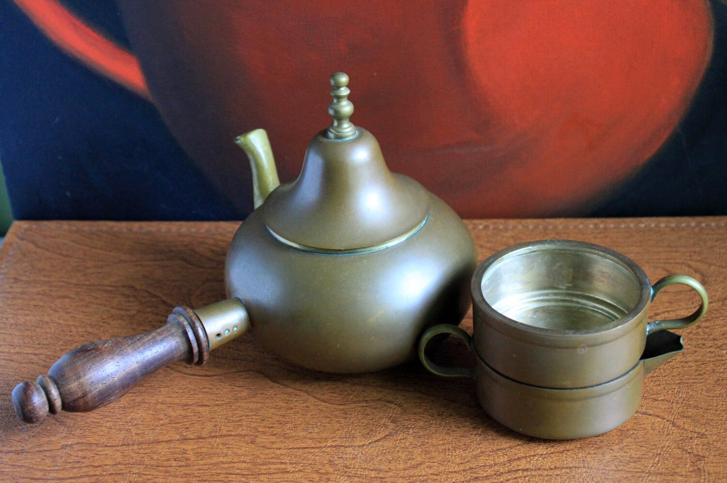 Copper Turkish Coffee Maker with Wooden Handle , Creamer , and a Cup. Gorgeous Cezve or Ibrik or Finjan. Unique Antique Beautiful Set. - Tampa Home & Garden Store