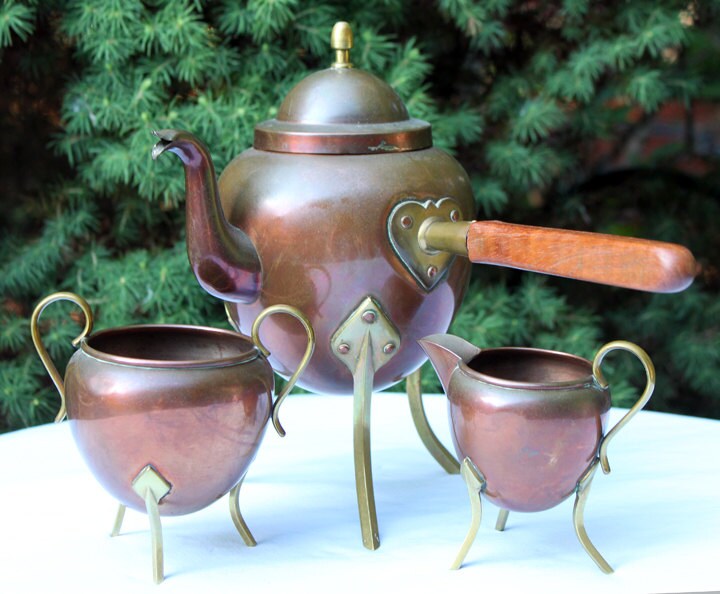 Copper Turkish Coffee Maker with Wooden Handle , Creamer , and a Cup. Gorgeous Cezve or Ibrik or Finjan. Unique Antique Beautiful Set. - Tampa Home & Garden Store