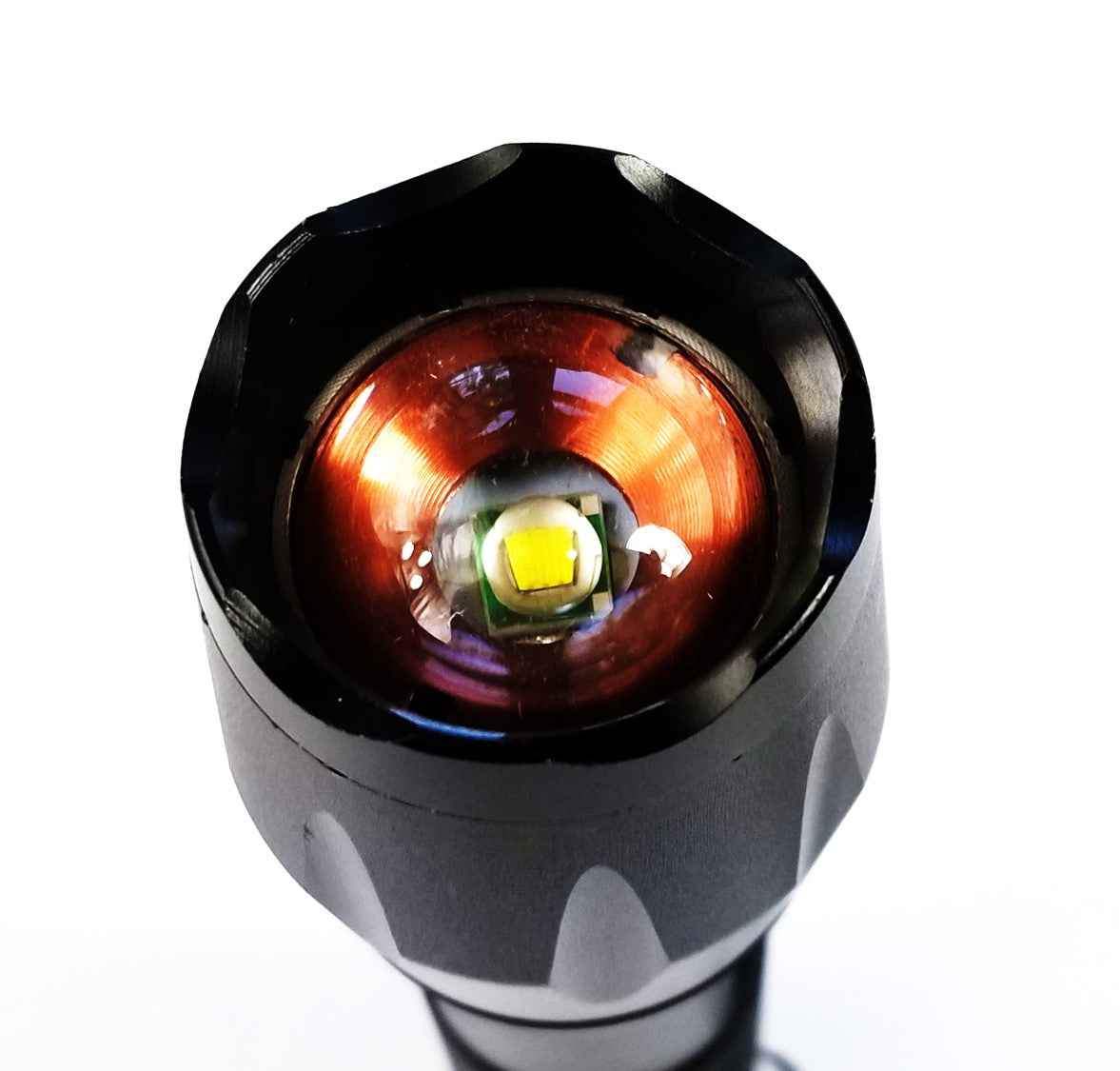 THEUS Rechargeable Flashlight Kit, black body with red lens and visible LED module on Tampa Home & Garden Store