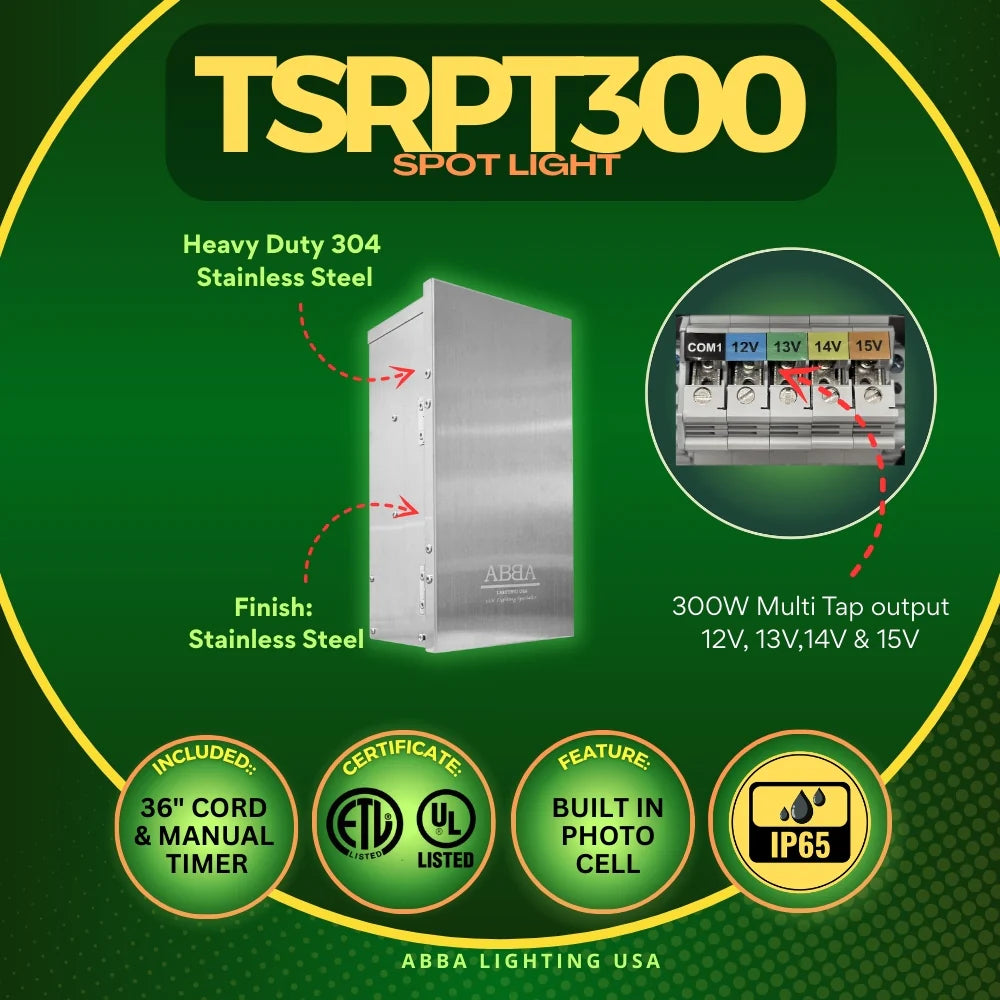 Transformador de bajo voltaje multitoma TSRPT300 de 300 W con fotocélula y temporizador manual con dial, resistente al agua IP65