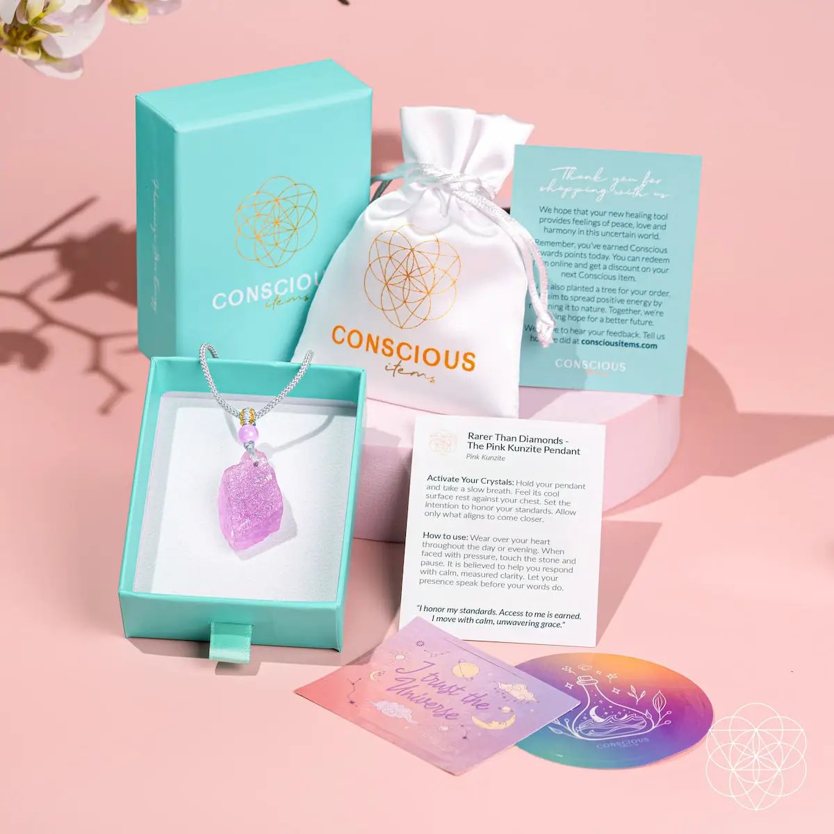 Rarer Than Diamonds Kunzite Pendant necklace with Kunzite on silver chain Conscious Items box on Tampa Home & Garden Store
