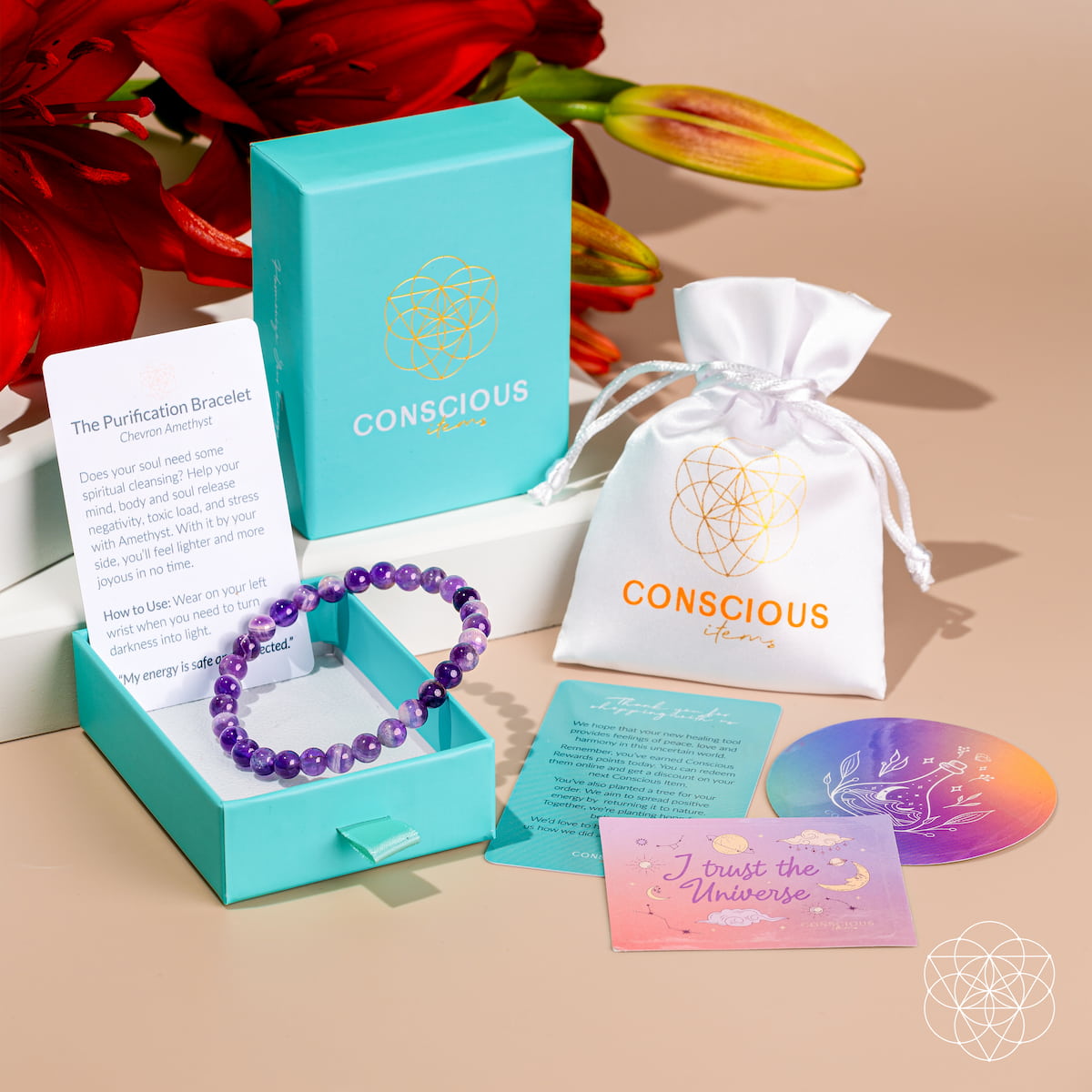 Purification Bracelet with Chevron Amethyst 6mm Conscious Items purple bead bracelet in turquoise box on Tampa Home & Garden Store