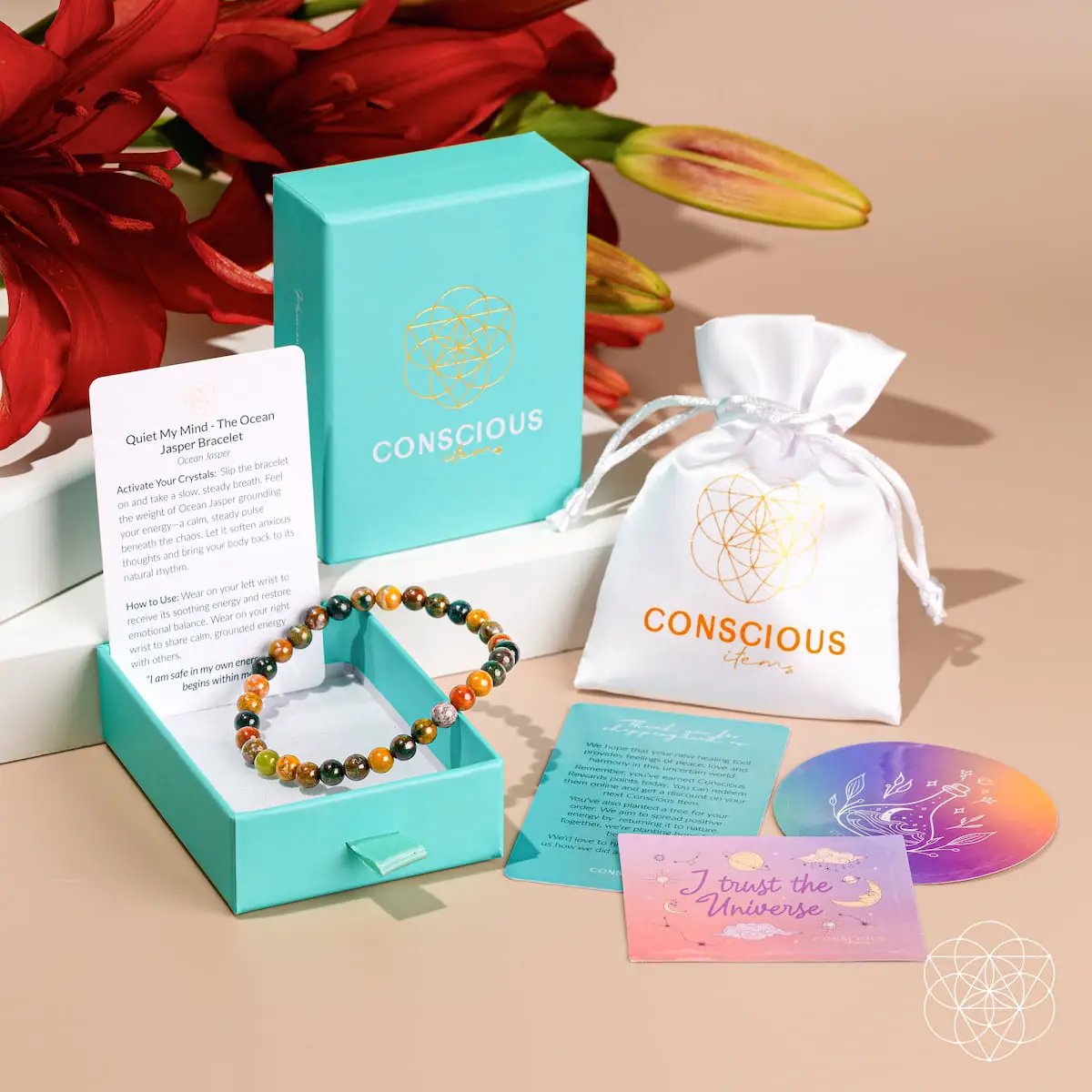 Quiet My Mind Ocean Jasper bracelet, 6mm multicolor beads by Conscious Items on Tampa Home & Garden Store