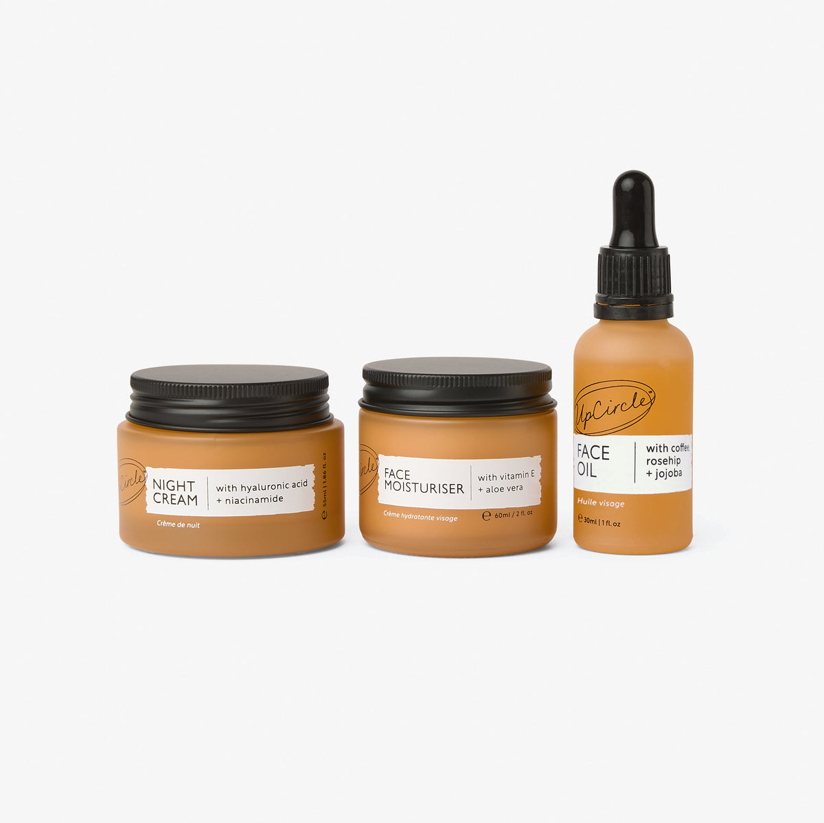 UpCircle Day + Night Hydration Set: 2 face cream jars + 1 face oil bottle with black caps on Tampa Home & Garden Store